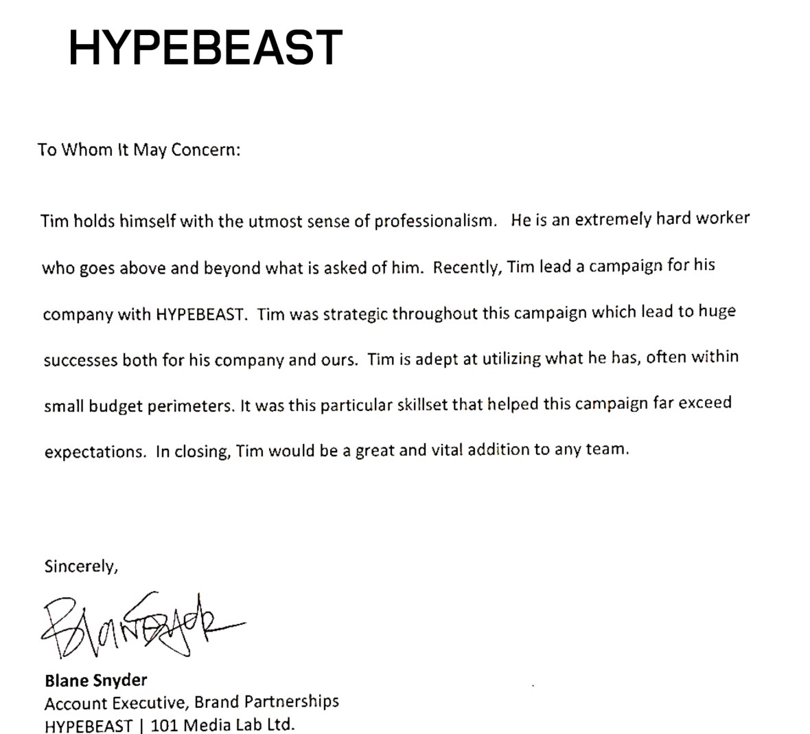 Reference letter from Hypebeast about Tim Hirata, signed by Blane Snyder