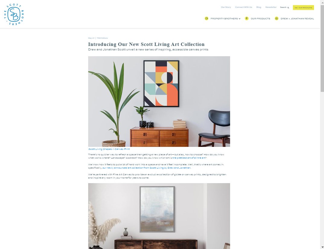 The Scott Brothers website announcing the new Scott Living art collection made with Fine Art Canvas